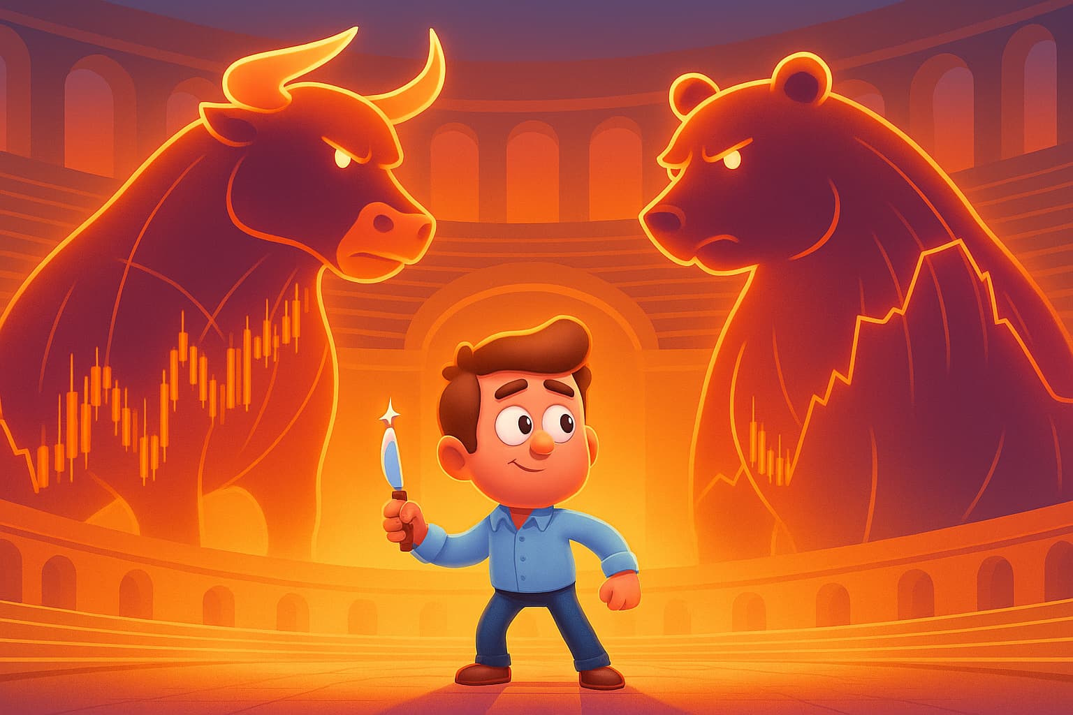 A small investor stands between a giant holographic bull and bear, symbolizing the stock market.