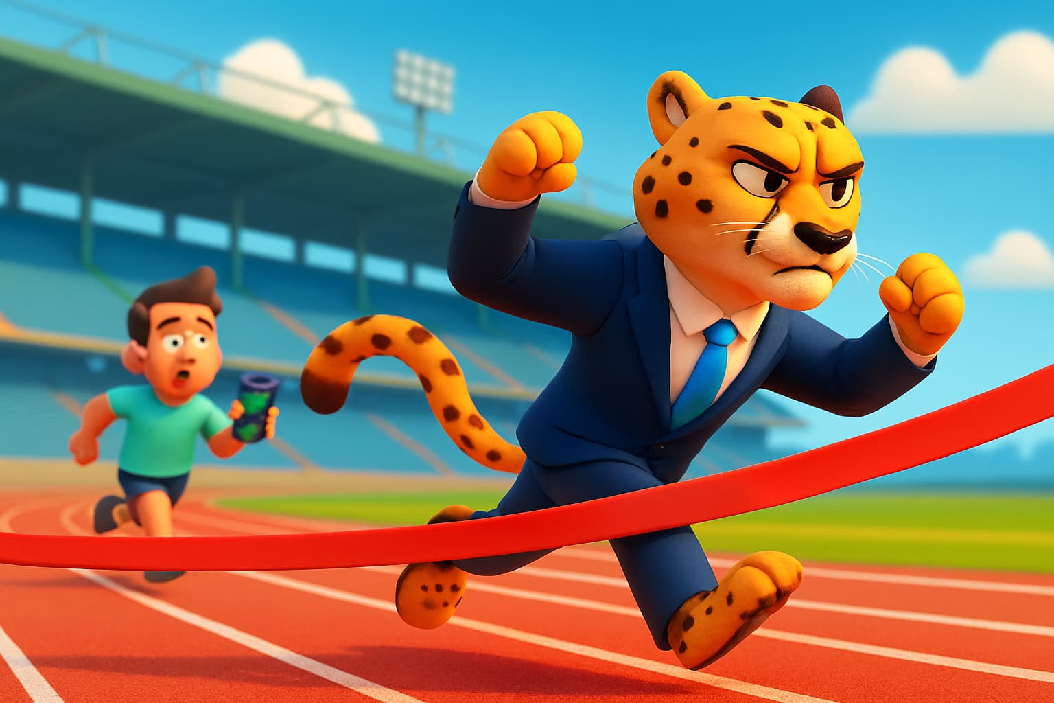 Cartoon cheetah in a suit easily winning a race against a human runner