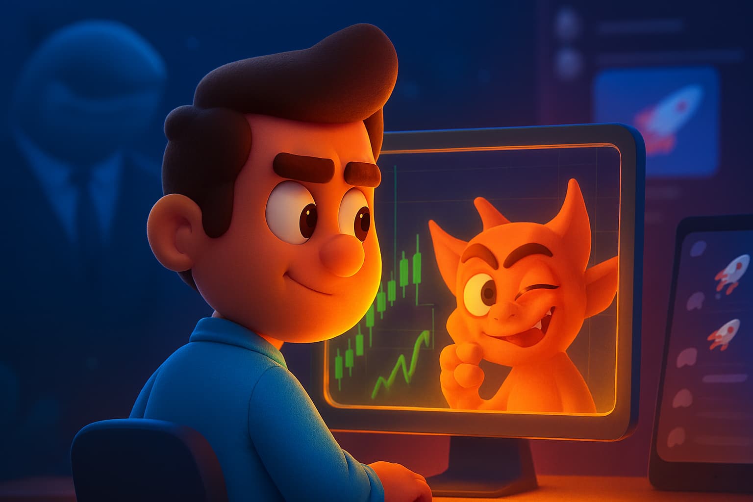  A cartoon investor looking at a stock chart on a monitor while a friendly devil winks from the screen.