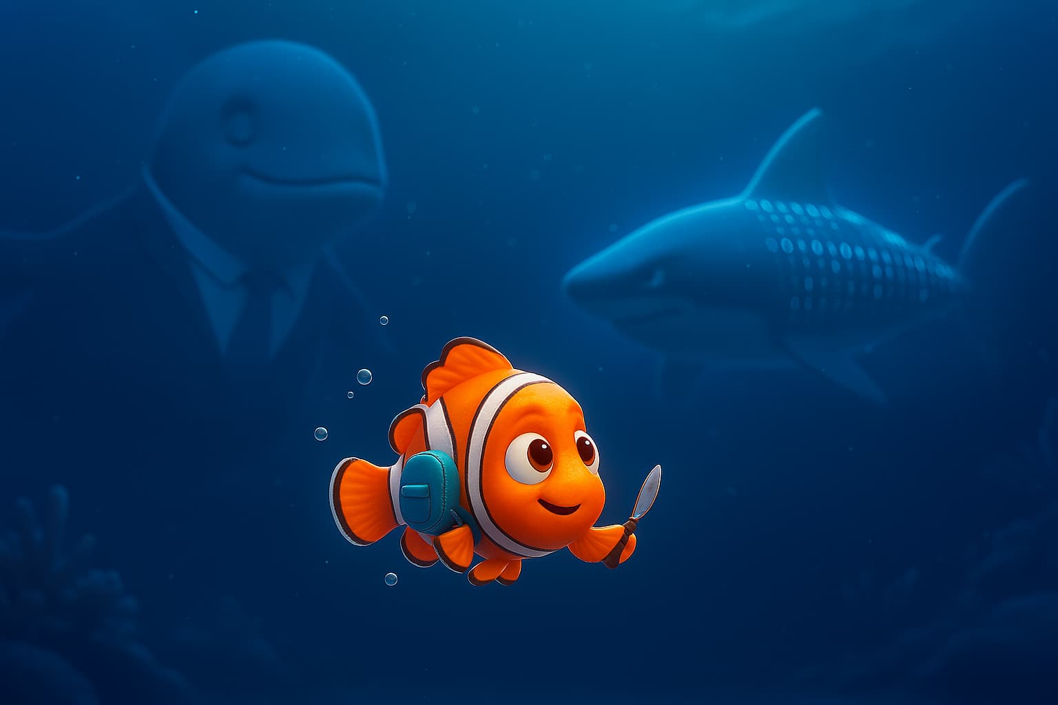 A small clownfish (Nemo) with a backpack and compass swims in the deep ocean, with the silhouettes of a whale in a suit and a shark in the background.